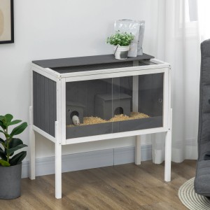 PawHut Zwerghamsterkäfig aus Holz und Metall, dunkelgrau, mit zwei Häusern und Regal.