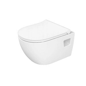 Weißes wandhängendes Taharet Dusch-WC Set, spülrandlos, mit Soft Close WC-Sitz und Hygienedusche.