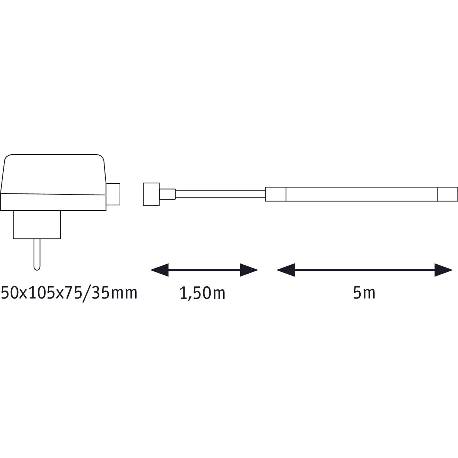 Skizze: Paulmann SimpLED Outdoor Strip Set, 5m LED-Streifen mit Netzteil und Maßangaben.