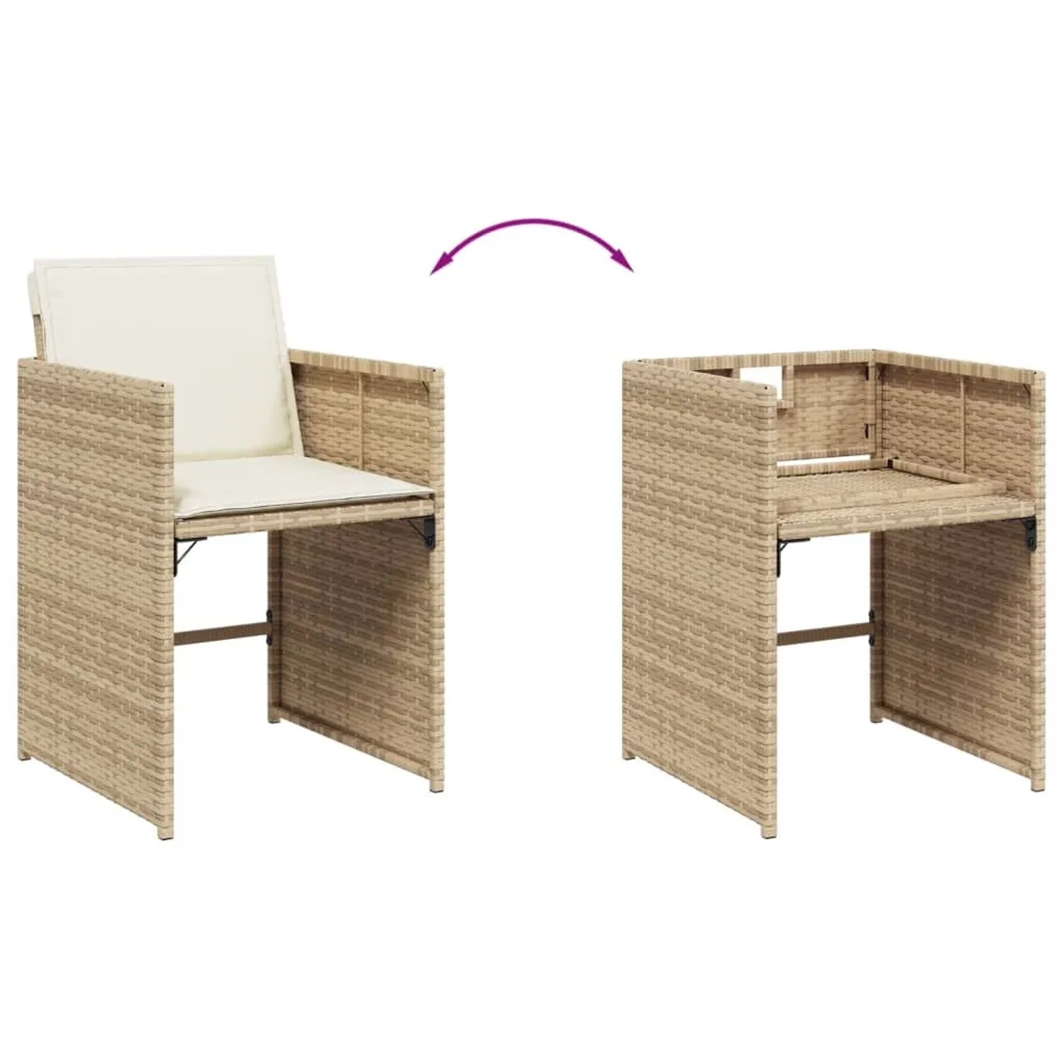 Beiger Gartenstuhl aus Rattan, Rückenlehne klappbar zur platzsparenden Aufbewahrung unter dem Tisch.