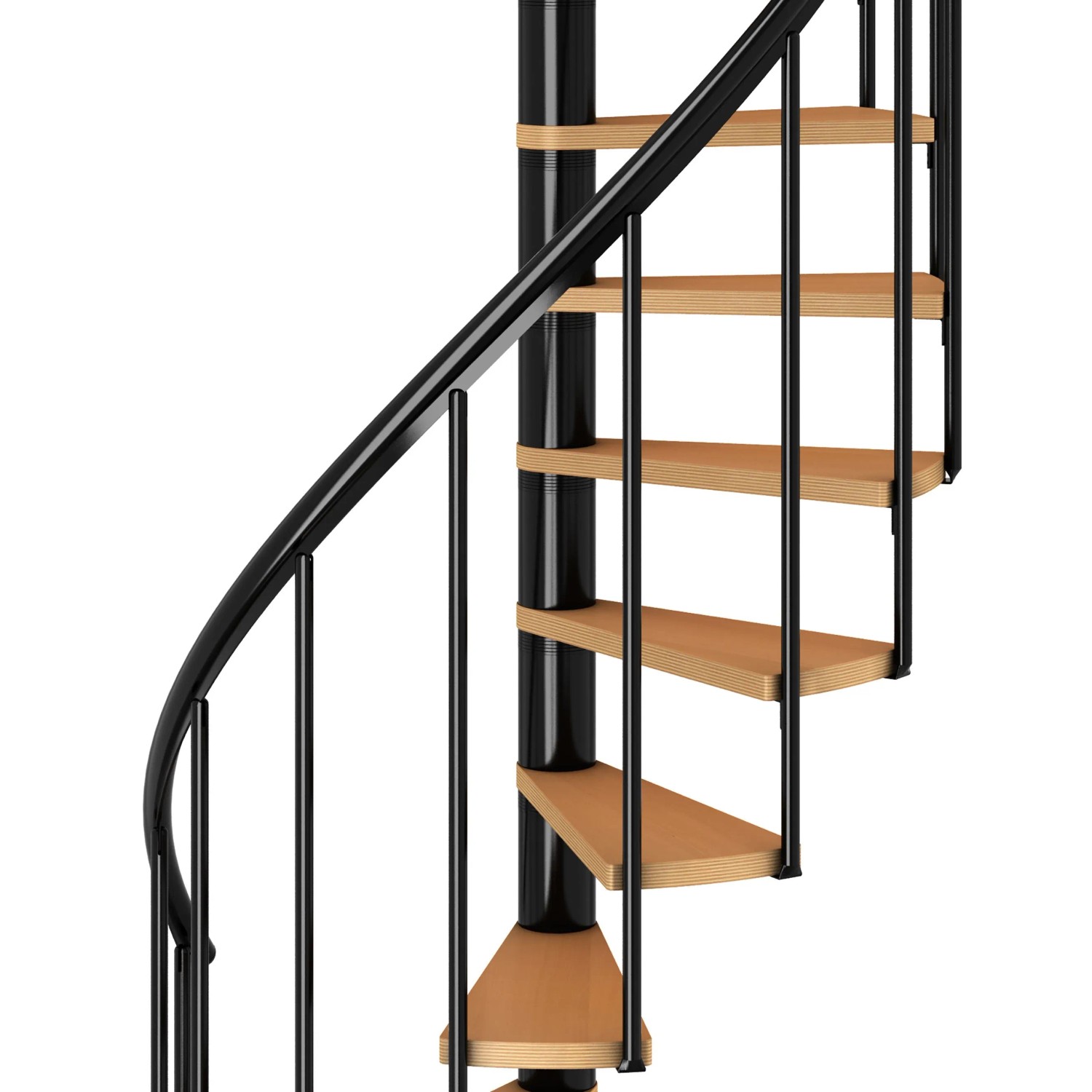 Dolle Spindeltreppe Calgary, Ø 140 cm, anthrazitfarbene Metallelemente und Holzstufen.