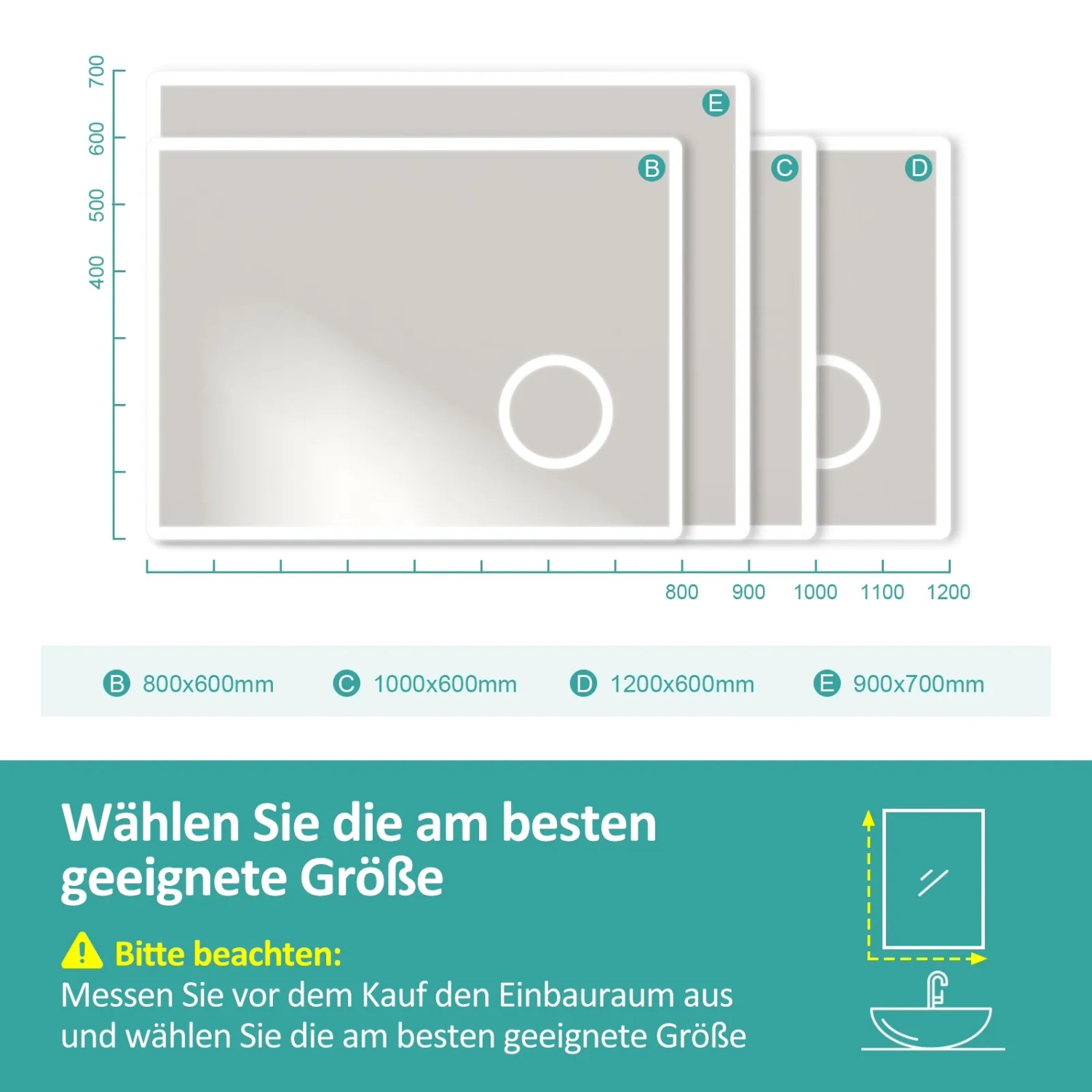 Emke Badspiegel Größenvergleich: Verschiedene Größen des LED Spiegels mit Bluetooth und Vergrößerung.