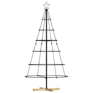 Schwarzer, 150 cm hoher Weihnachtsbaum aus Stahl in Kegelform mit Sternspitze und Holzständer.