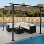 MCW Pergola C42 3,5x3,5m in Taupe-Braun mit Lounge-Möbeln auf Terrasse am Pool.