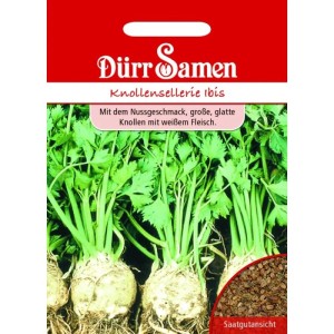 Dürr Samen Knollensellerie Ibis Saatgutpackung mit Pflanzen und Samen. Große, glatte, weißfleischige Knollen mit grünem Laub.