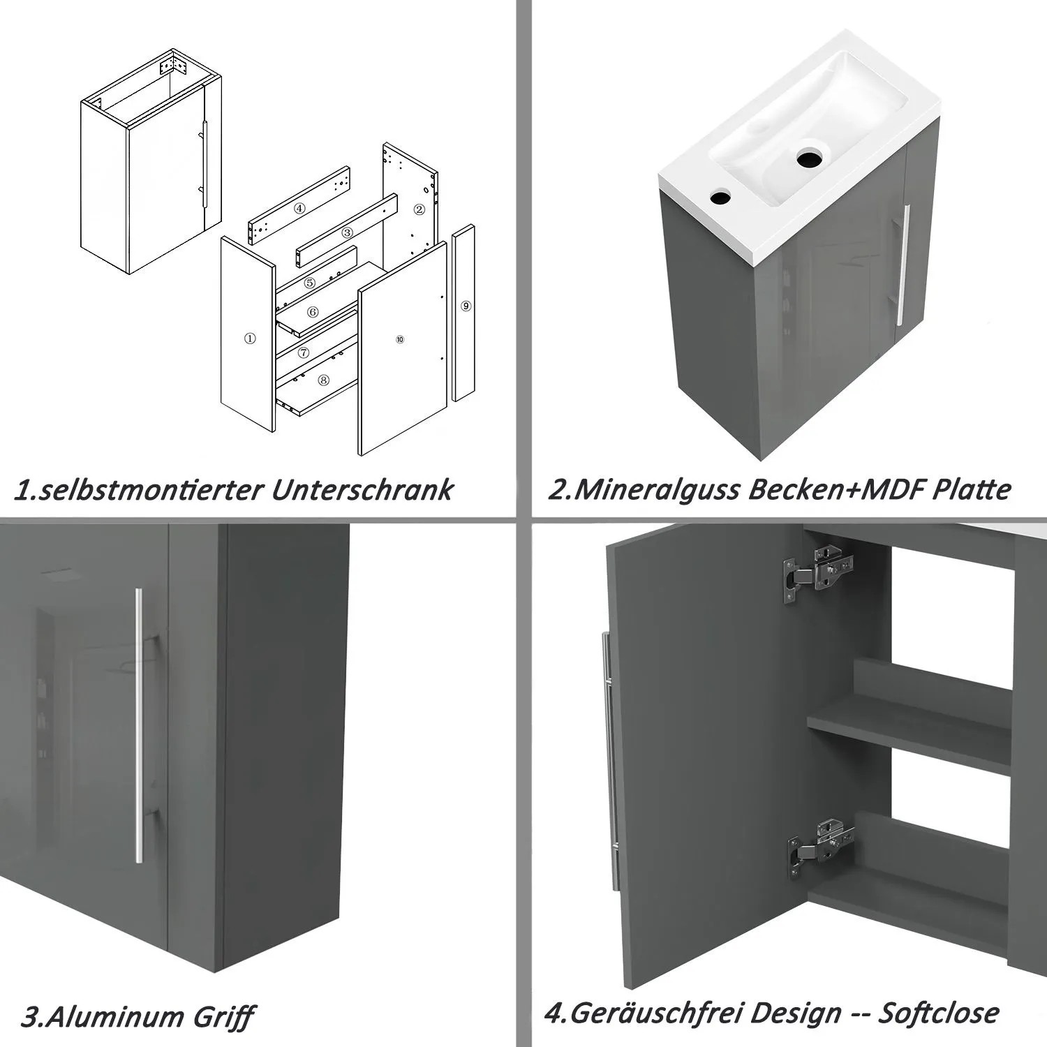 AICA Waschtisch mit Unterschrank, 45 cm, anthrazit hochglanz, Softclose. Badmöbel Set für Gäste WC.