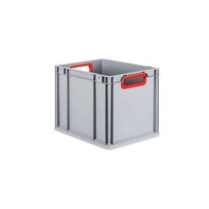 Graue PROREGAL Eurobox mit roten Griffen und Deckel, 32x30x40 cm, ideal zur Aufbewahrung.
