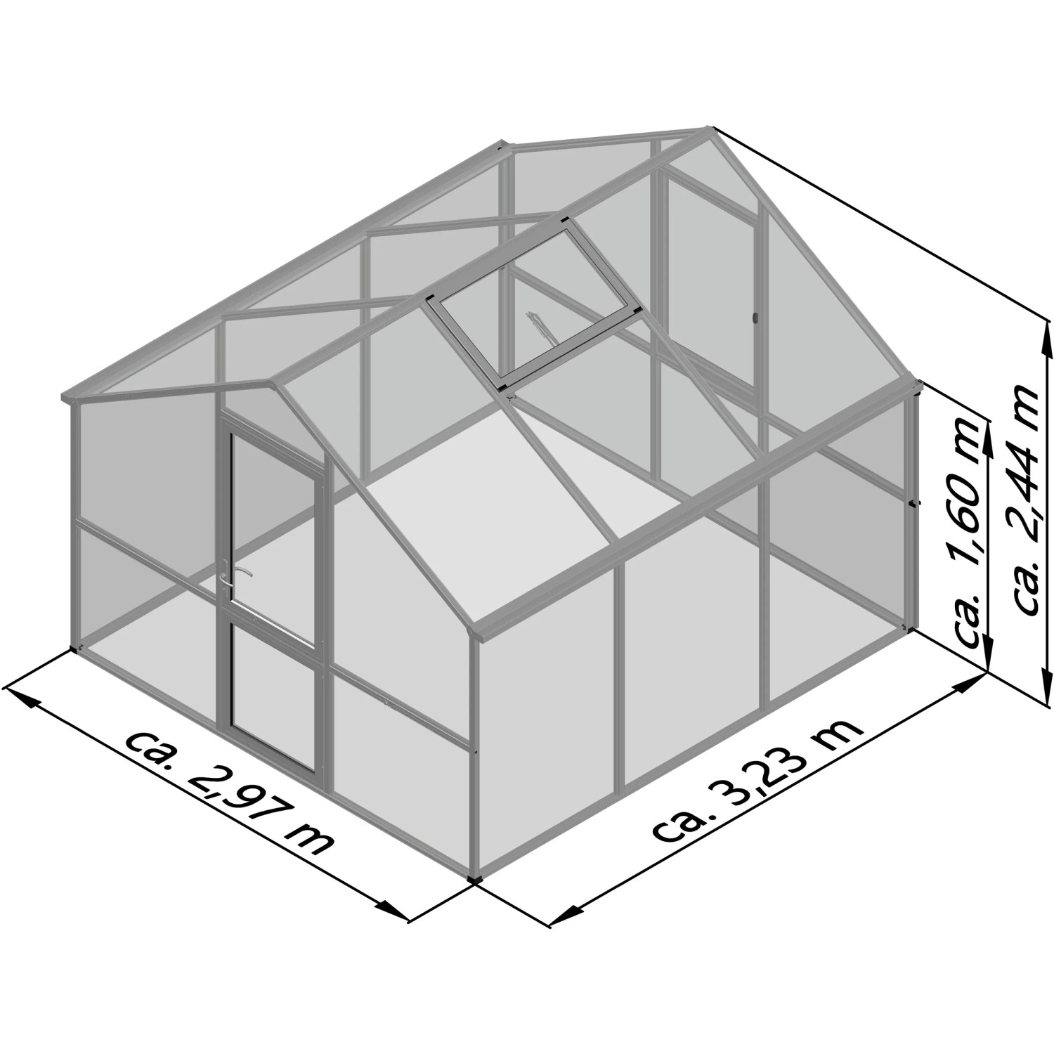 KGT Gewächshaus Nelke III, tannengrün, 2,97x3,23m, mit Dachfenster und Tür, Illustration.