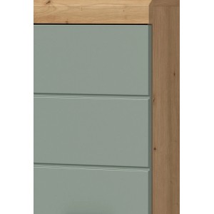 Detailaufnahme: Inn.Furn Bad Kommode Shawn, grün/Eiche, Schublade und Tür. Badezimmerschrank.