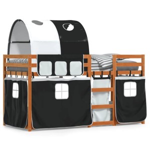vidaXL Etagenbett mit Vorhängen, weiß/schwarz, 90x200 cm, Kiefernholz. Abenteuerbett für Kinder.