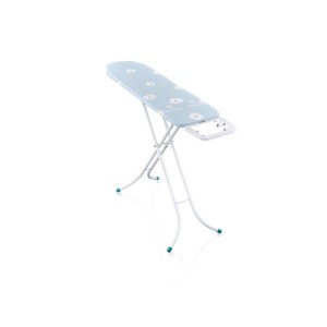 Leifheit Bügeltisch Classic S Basic, blau mit floralem Muster, weiße Metallbeine, feste Bügeleisenablage, höhenverstellbar.