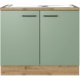 Flex-Well Spülenschrank Cara, 100 cm, Schilfgrün/Artisan Eiche, mit Spüle und schwarzen Griffen.