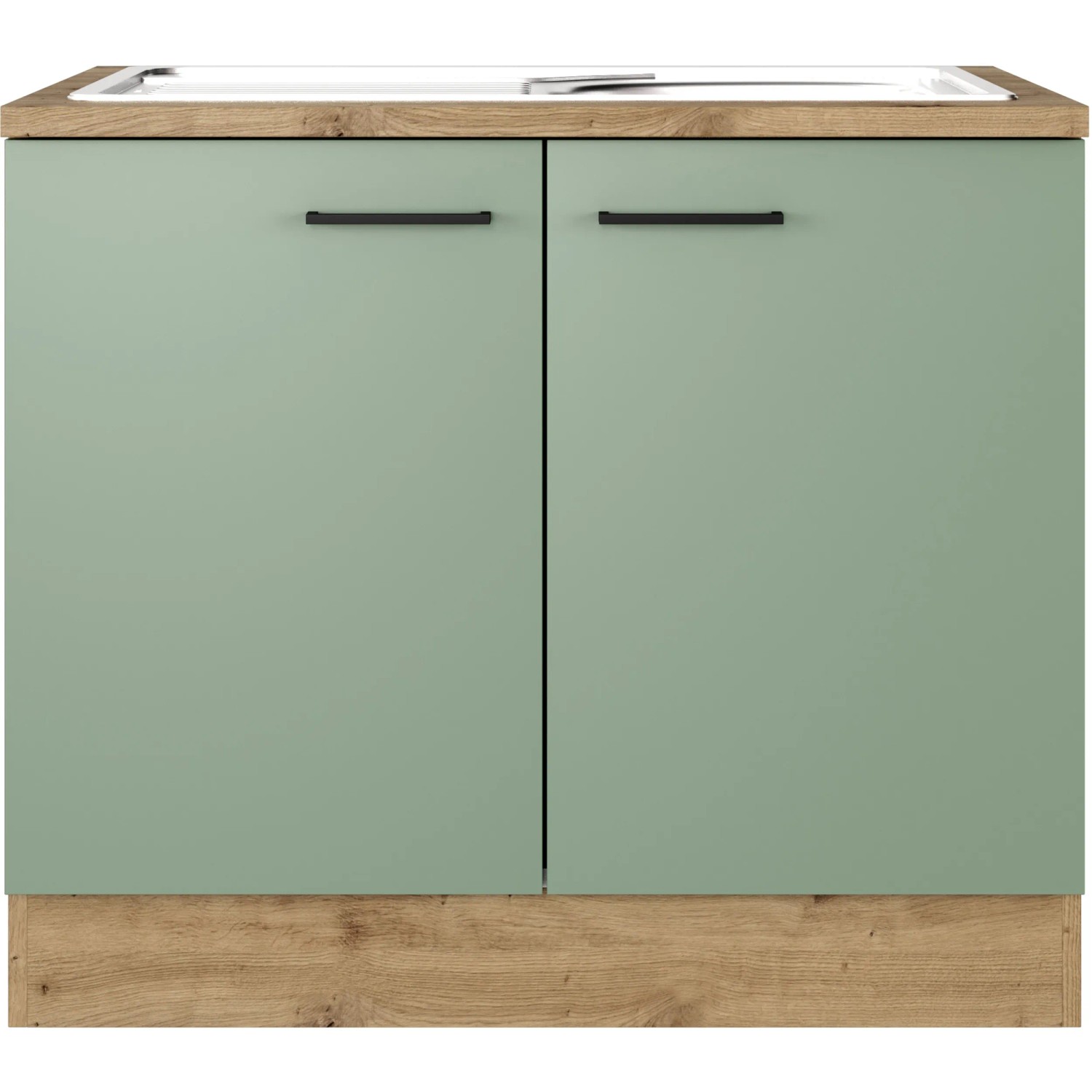 Flex-Well Spülenschrank Cara, 100 cm, Schilfgrün/Artisan Eiche, mit Spüle und schwarzen Griffen.