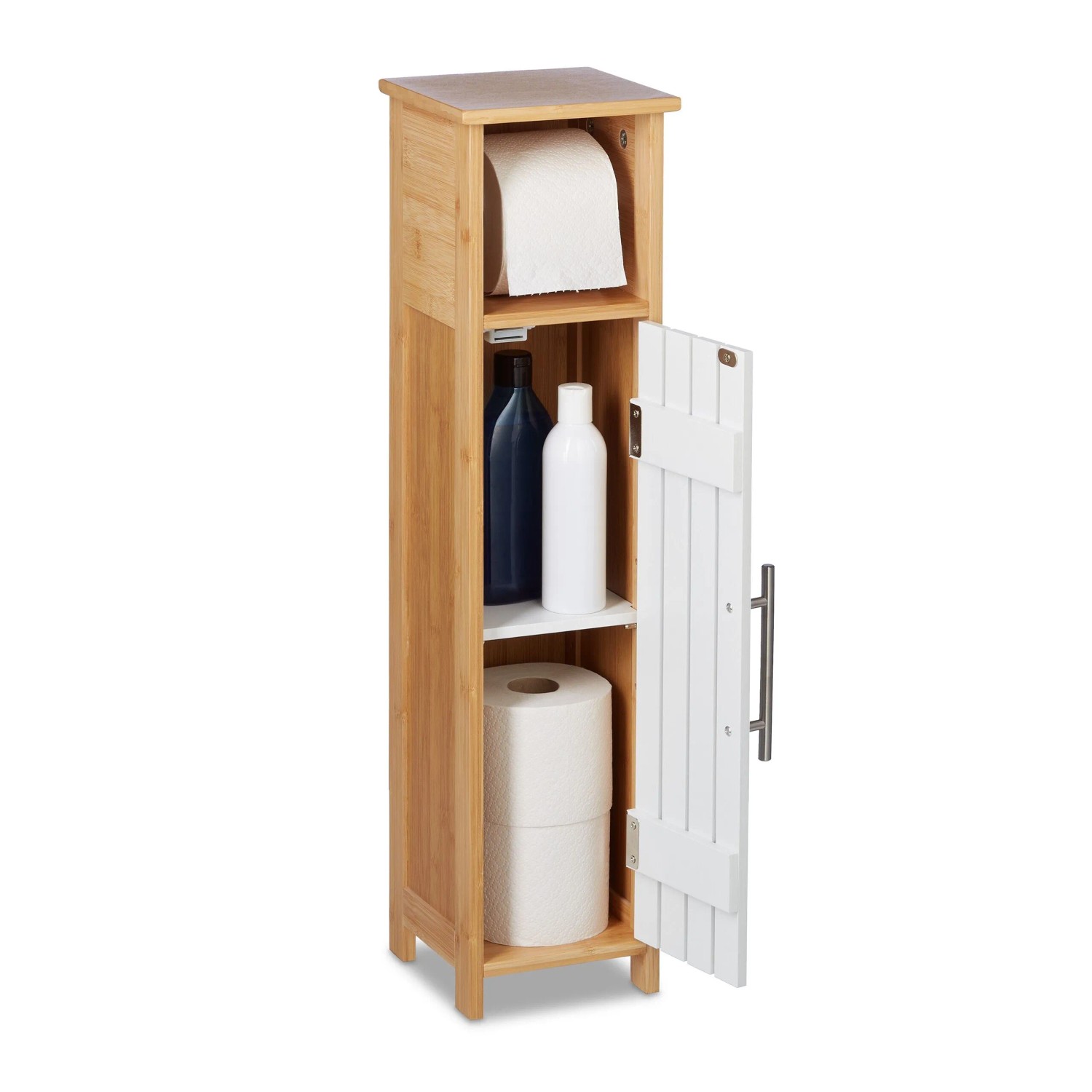Relaxdays Toilettenpapierschrank MDF Bambus Weiß Natur Stehend Höhenverstellbar Magnetverschluss 71 cm x 18 cm x 20 cm 2,9 kg
