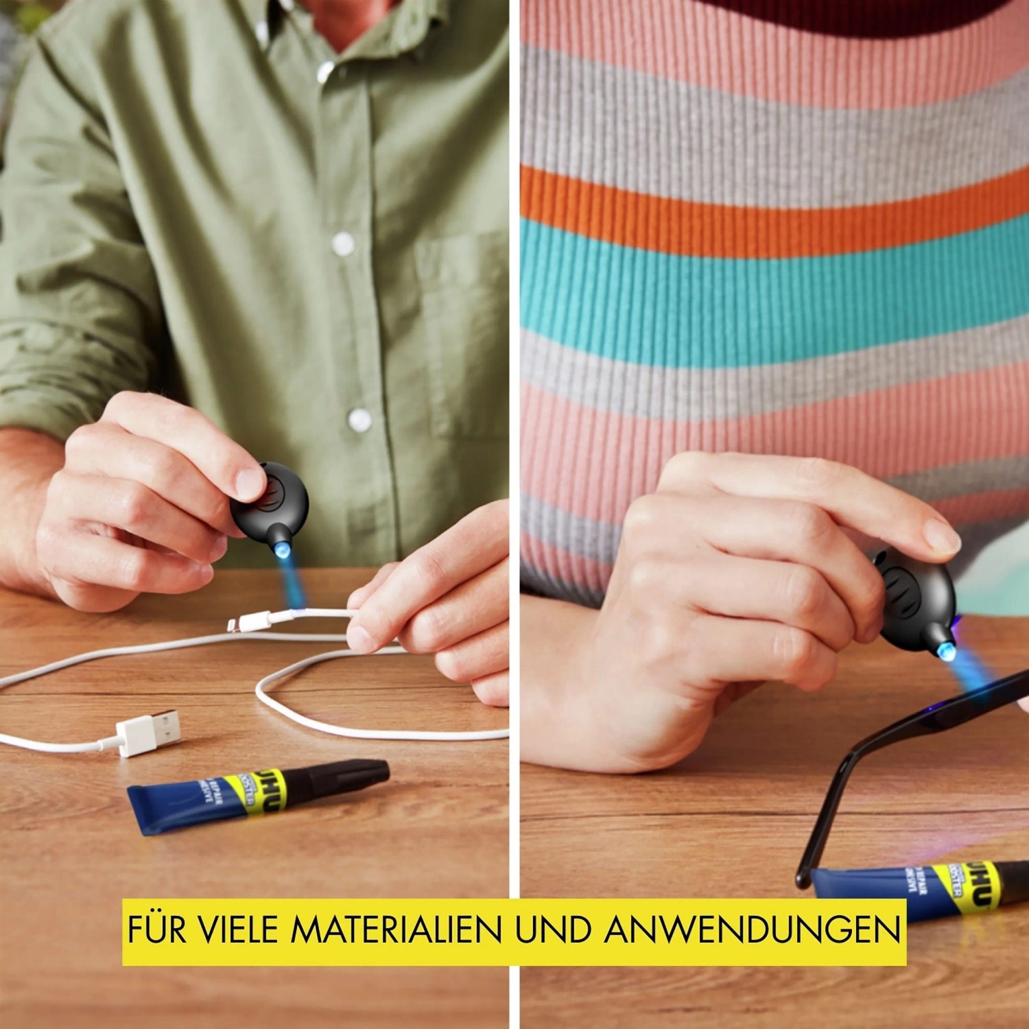 Anwendung des transparenten Uhu Spezialkleber LED Power Booster zum Reparieren von Kabel und Brille.