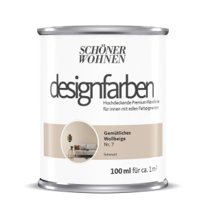 Schöner Wohnen Designfarbe Gemütliches Wollbeige, 100ml Dose. Bunte Wandfarbe für Innen.