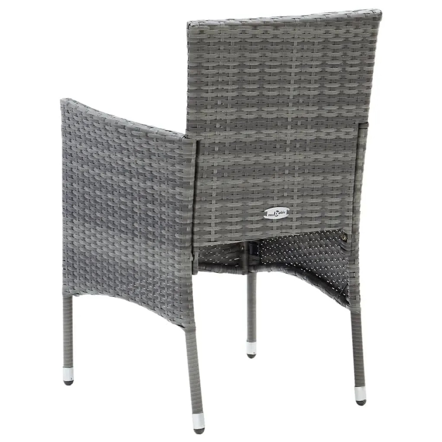 Grauer Rattan Gartenstuhl, Teil der 5-tlg. Essgruppe von vidaXL, Rückansicht.