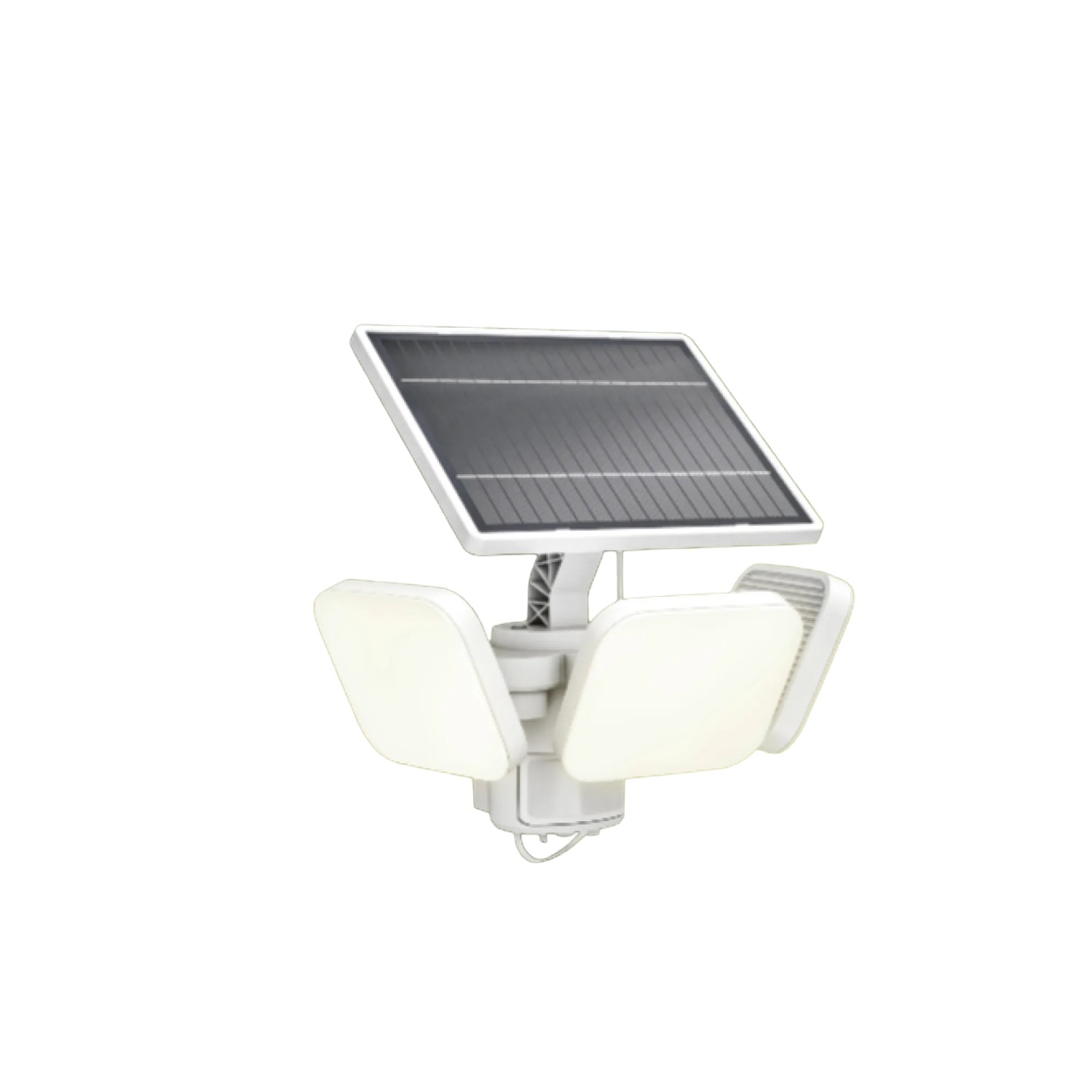 Weißer Philips Solar LED-Außenstrahler Zyren mit Solarpanel und drei Leuchten.