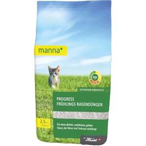 Verpackung Manna Progress Frühlings-Rasendünger 2,5 kg mit Katzenmotiv und grüner Rasenfläche.