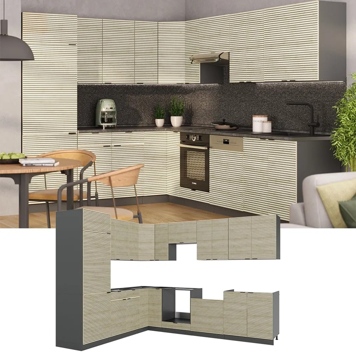 Vicco Fame-Line Eckküche in Eiche Paneel/Anthrazit, L-Form, 227x287 cm. Küchenzeile mit viel Stauraum.