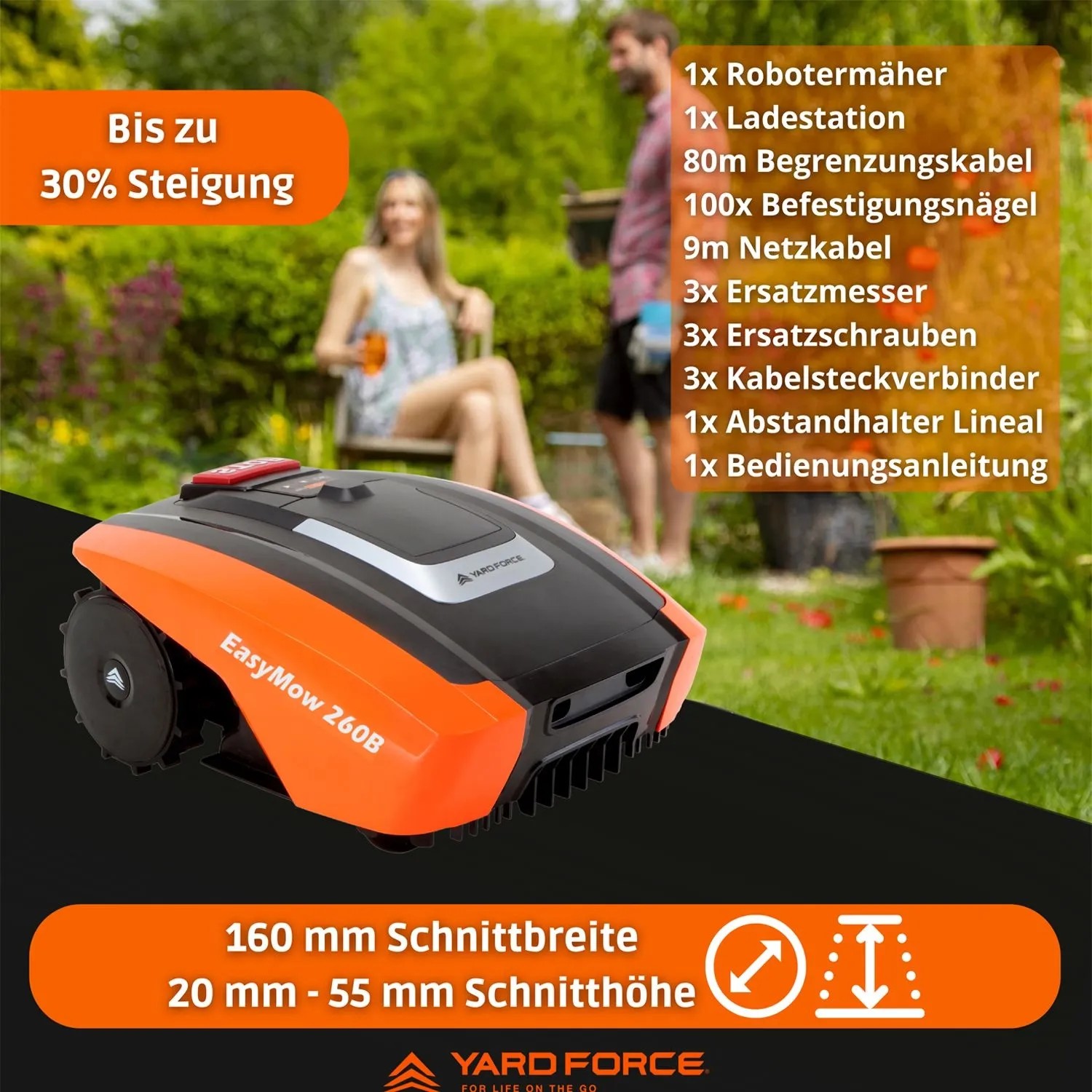 Yard Force EasyMow 260B Mähroboter orange/schwarz im Garten. 160mm Schnittbreite, 20-55mm Schnitthöhe, 30% Steigung.