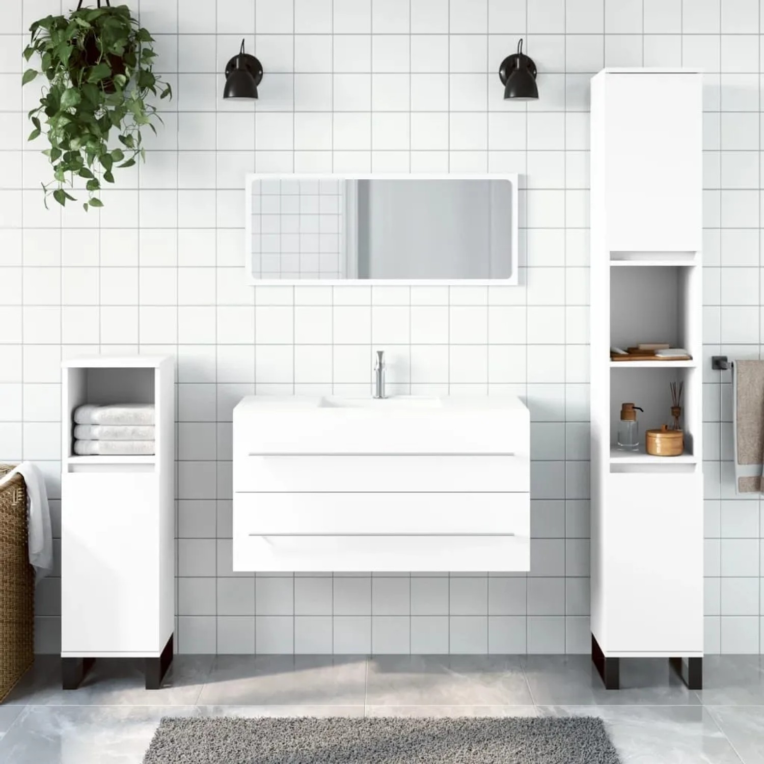 vidaXL Badmöbel-Set mit weißem Badschrank, Spiegelschrank und zwei Hochschränken.
