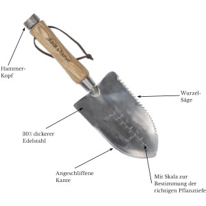 Kent & Stowe Multifunktionshandschaufel aus Edelstahl mit Holzgriff und Skala für Pflanztiefe.