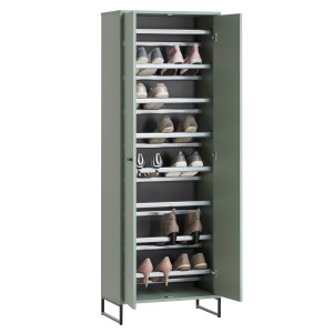 Offener Schuhschrank Janne in Pistazie mit Schuhen, 169,7x60,2x33,05 cm. Schuhkommode mit Metallfüßen.