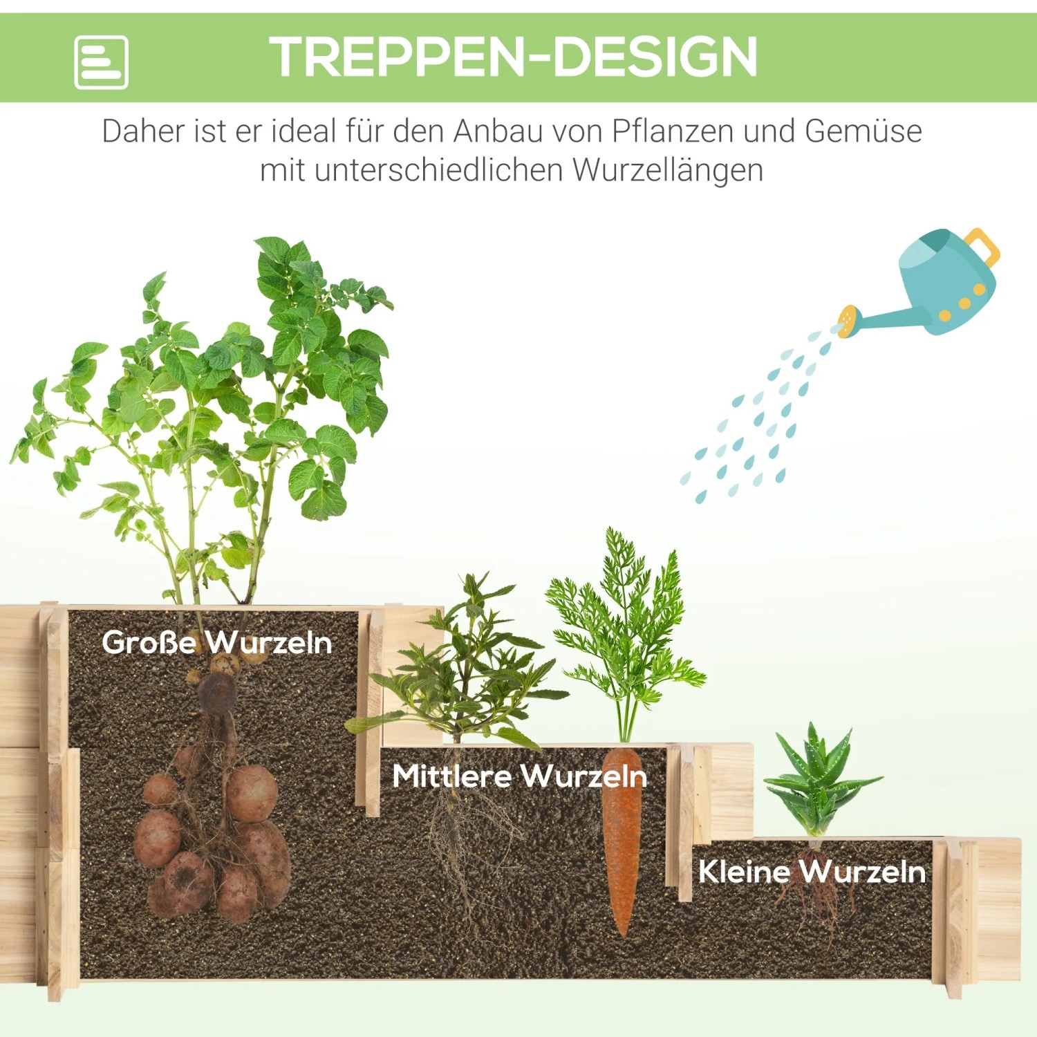 Outsunny Hochbeet aus Tannenholz mit 3 Ebenen für Pflanzen mit unterschiedlichen Wurzeln.