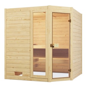 Weka Massivholzsauna Valida Eck mit Glastür und Fenster, naturbelassenes Fichtenholz.