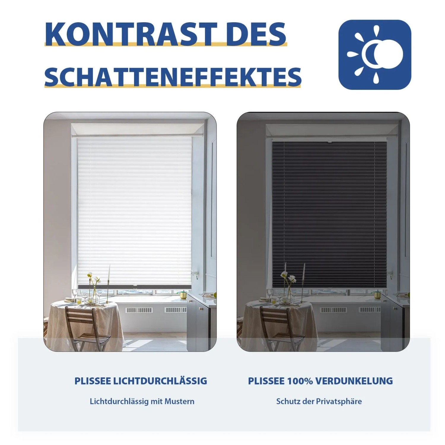 Sekey Doppelplissee Day&Night, weiß/grau, 45x130cm: Lichtdurchlässig vs. Verdunkelung im Fenster.