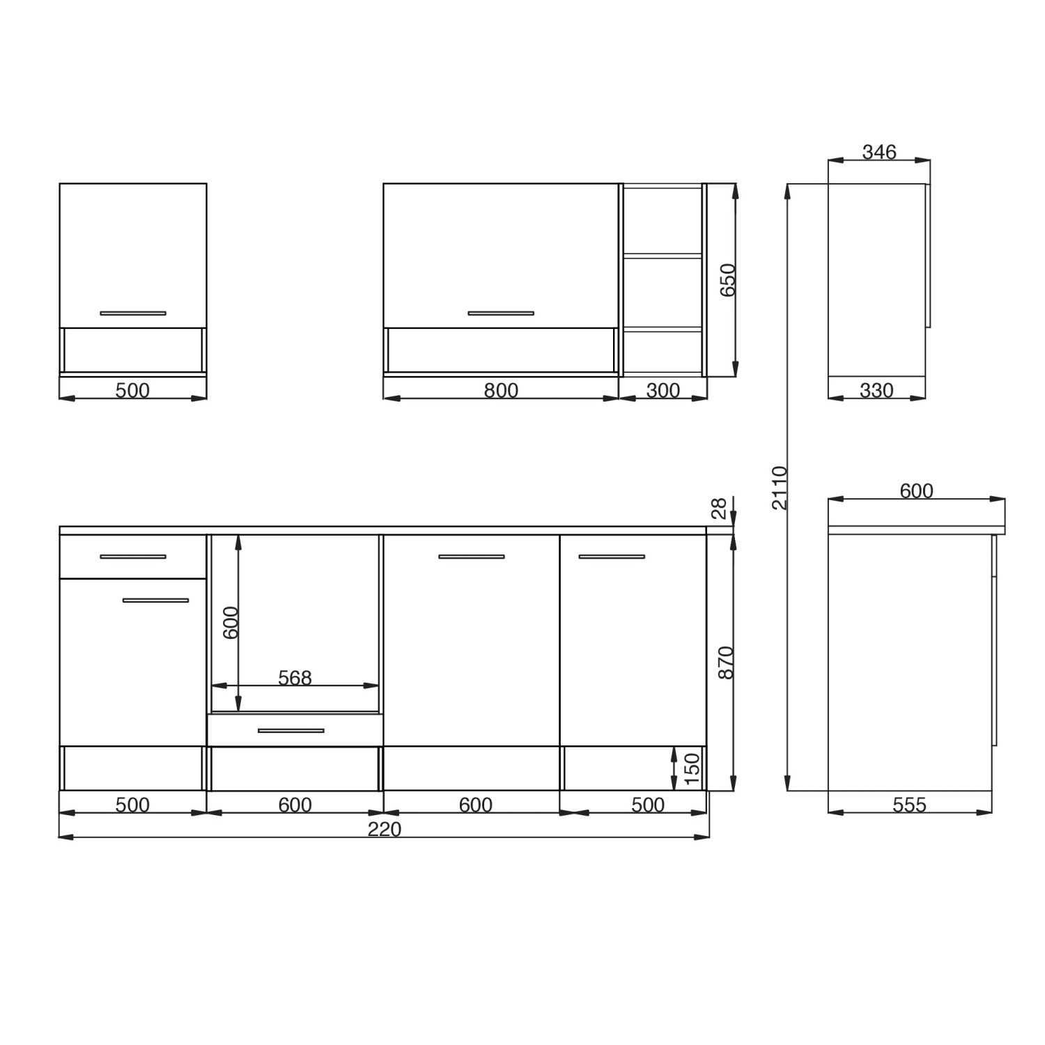 Skizze der Respekta Küchenzeile 220 cm in Weiß/Wildeiche mit Maßen der einzelnen Elemente.