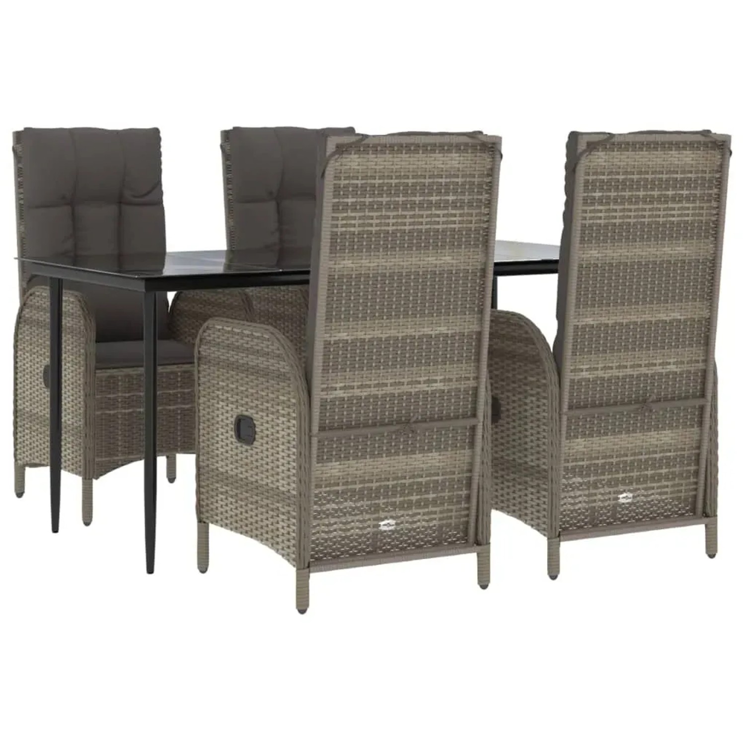 vidaXL 5-tlg. Garten-Essgruppe aus Rattan, schwarz/grau, mit Tisch und verstellbaren Stühlen mit Kissen.