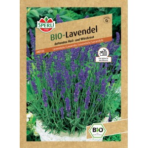 Sperli Bio Lavendel Samenpackung mit blühenden Lavendelpflanzen.