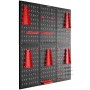 Sechsteilige, schwarz-rote Tectake Werkzeuglochwand mit Haken und Halterungen.