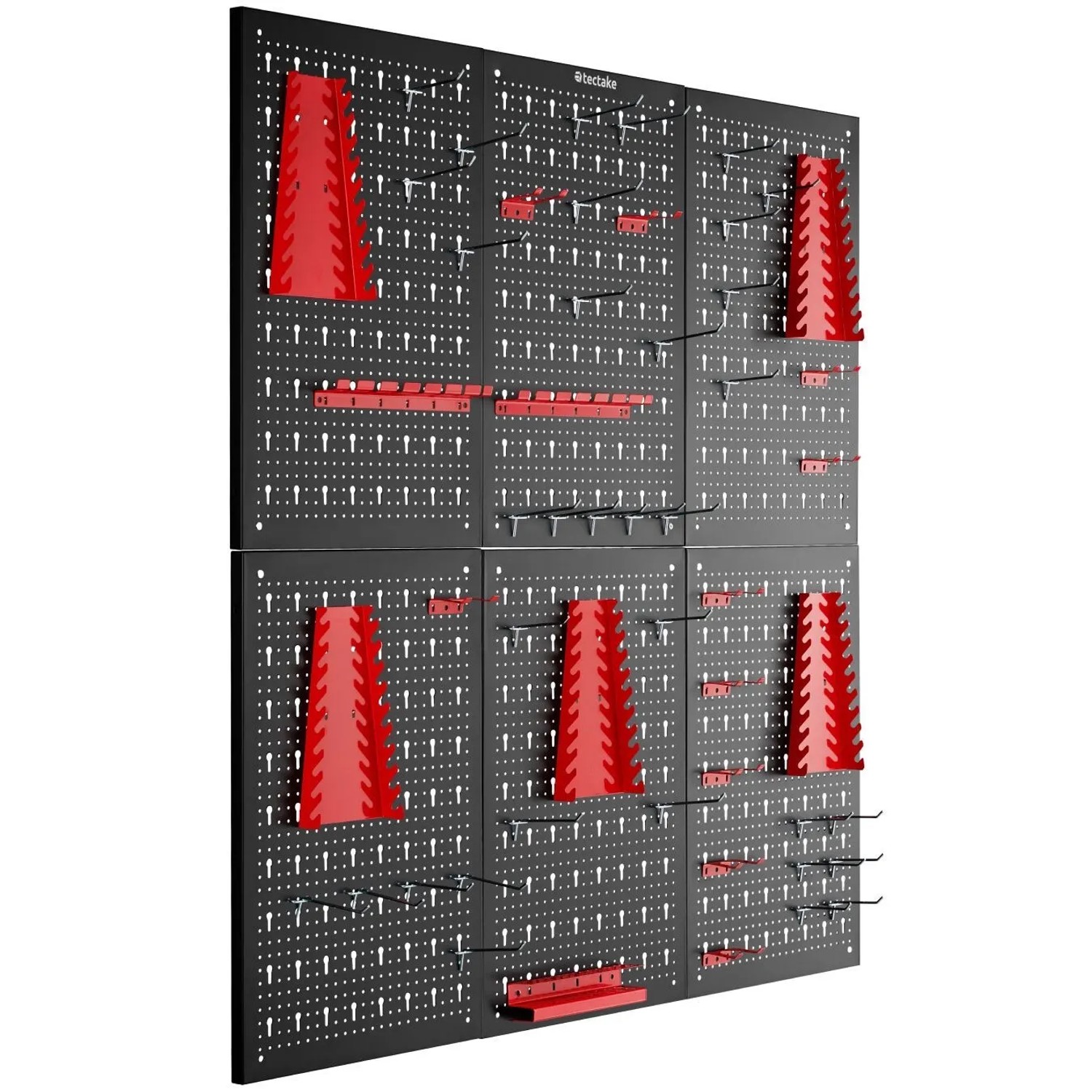 Tectake Werkzeuglochwand Jonah Sechsteilig Mit Haken und Halterungen 6Er Set 2 x 240 x 60 cm Schwarz Rot