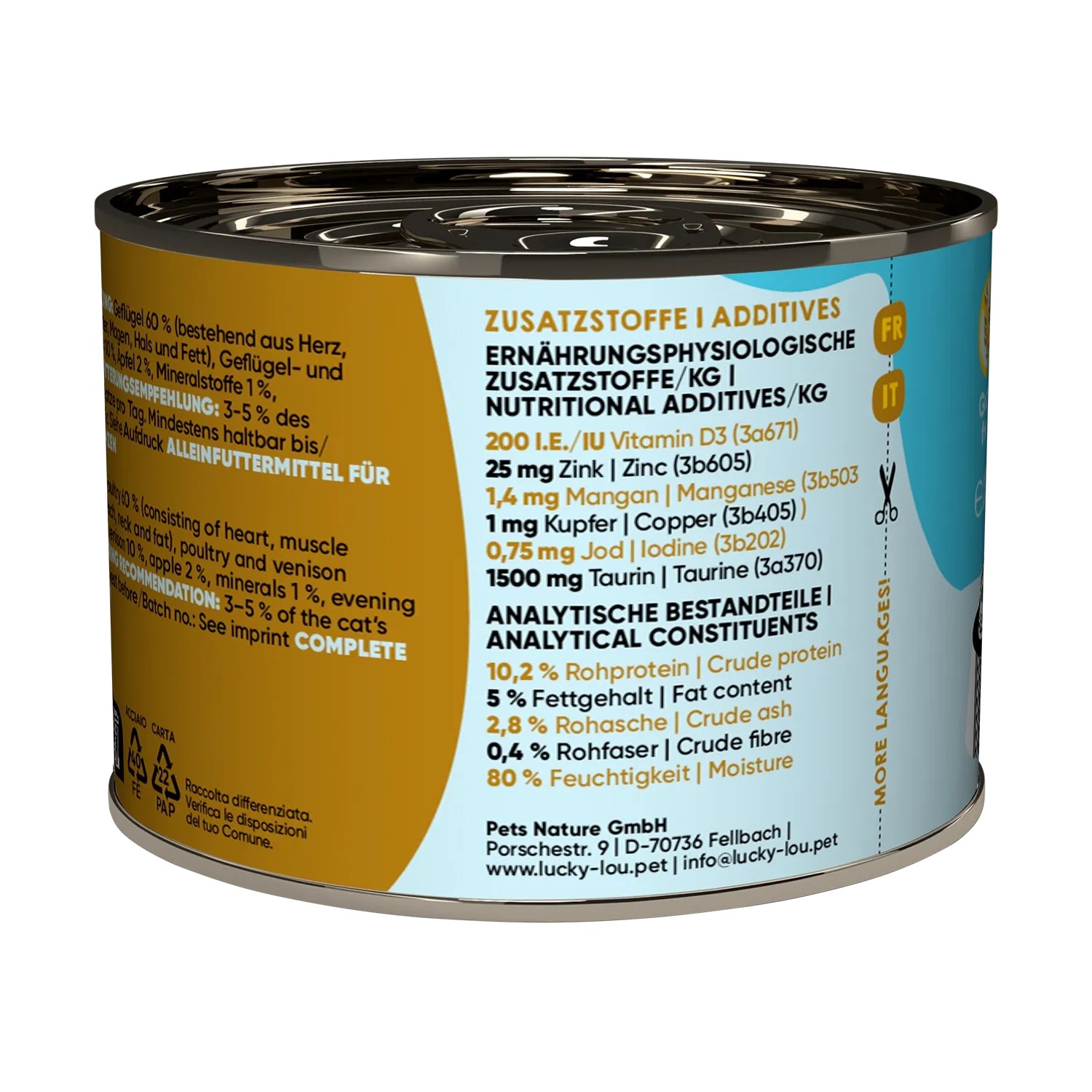 Lucky Lou Katzen-Nassfutter Adult Geflügel & Hirsch, 200g Dose.