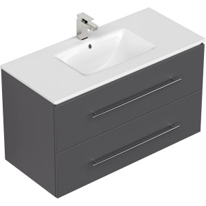 Posseik Waschplatz Homeline, 100 cm, Anthrazit mit Mineralguss-Waschbecken und Unterschrank mit zwei Schubladen.