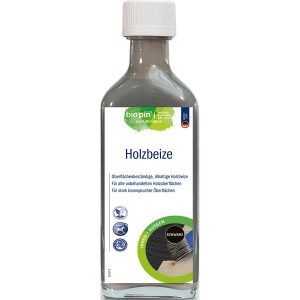 Flasche Biopin Holzbeize Schwarz, 250ml. Ölhaltige Beize für unbehandelte Holzoberflächen.