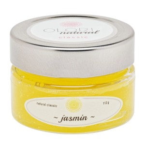 Olori Raumduft Jasmin im Glas (112g) mit silbernem Deckel.