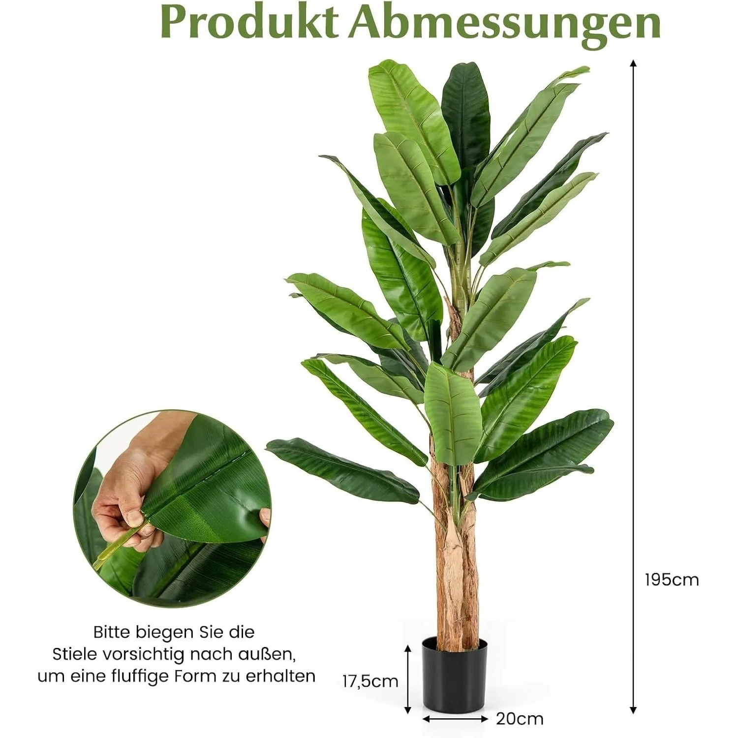 Costway Kunstpflanze, 195 cm hohe tropische Palme mit vielen grünen Blättern und braunem Stamm im schwarzen Topf.