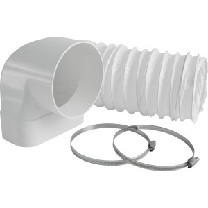 Marley Umlenkstück System 125 mit weißem Flexschlauch und zwei Rohrschellen.