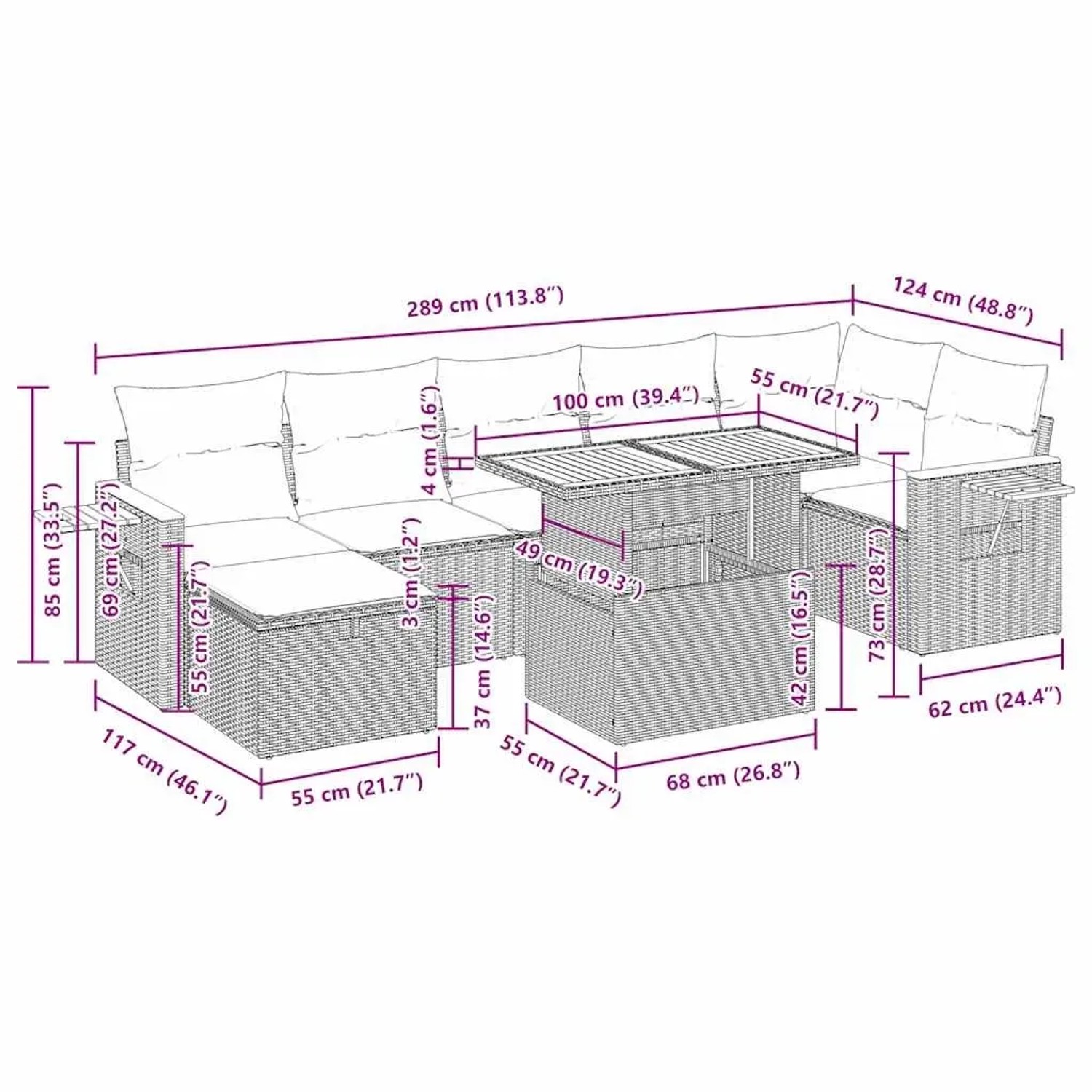 vidaXL Garten-Sofagarnitur, 5-teilig, schwarz, Poly Rattan, mit Maßen. Ideal für Terrasse und Garten.