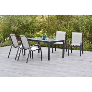 Merxx Amalfi Gartenmöbel-Set, 5-teilig mit 4 Stapelsesseln und Tisch (150x90cm) in Diamantbraun.
