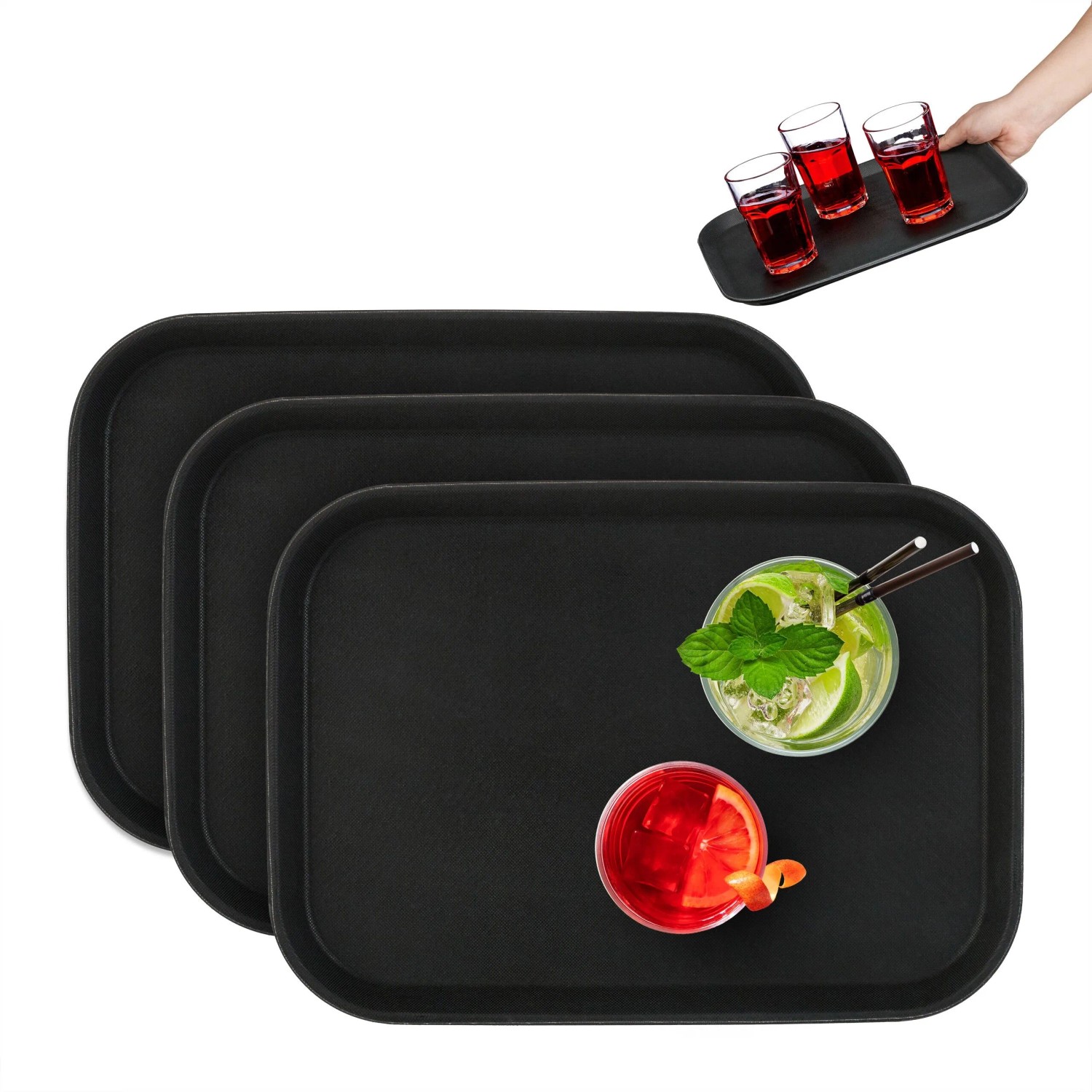 Relaxdays Serviertablett 3er Set Kunststoff Schwarz Stapelbar Rutschfest 35 cm x 25 cm x 2 cm 420 g