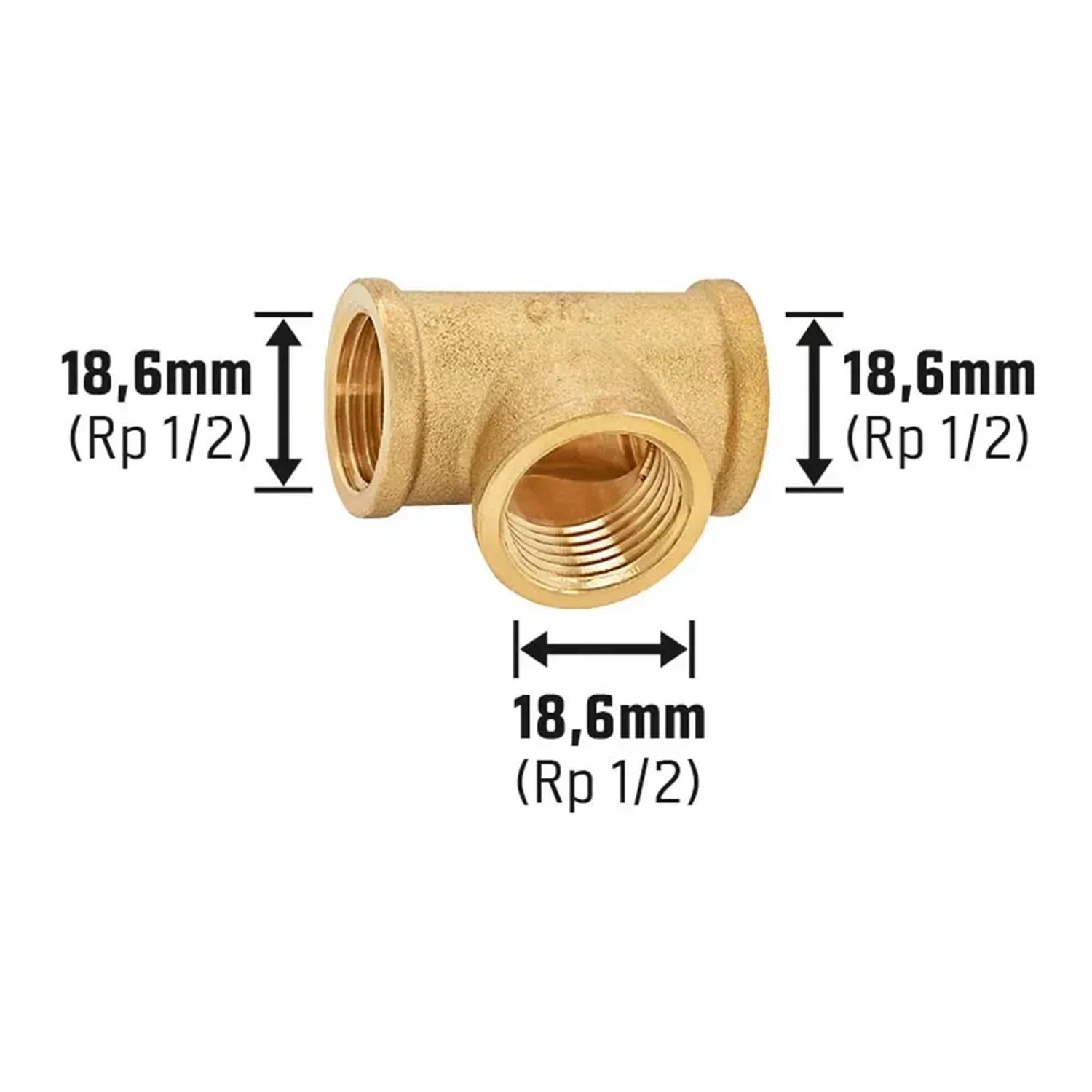 Gewinde-T-Stück aus Messing, 18,6 mm (Rp 1/2) für Rohrverzweigungen.