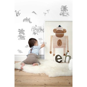ESTAhome Wandtattoo Dschungeltiere in Schwarz-Weiß im Kinderzimmer mit Kind.