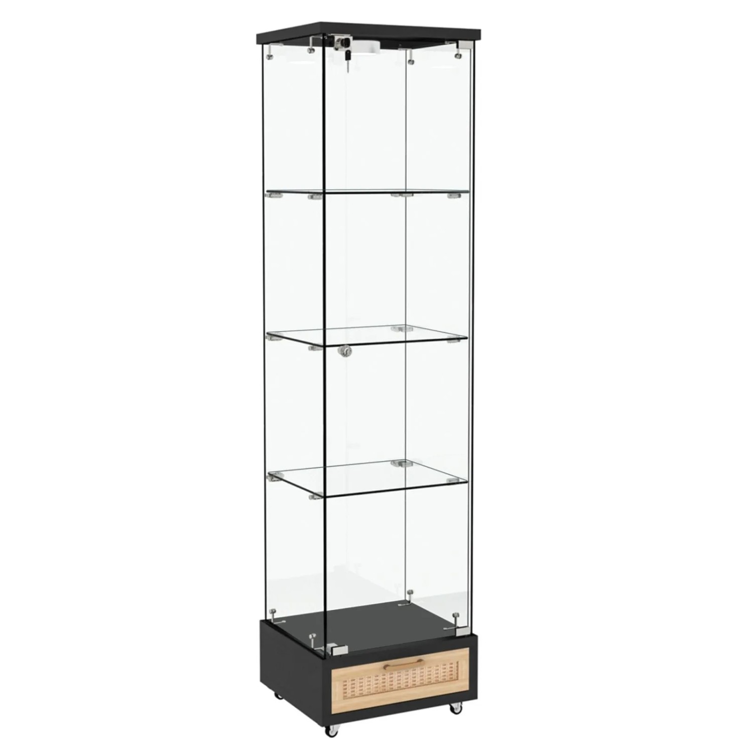 PXloue Glasvitrine LED 167x43x37cm Schwarz mit Schubladen Gehärtetes Glas