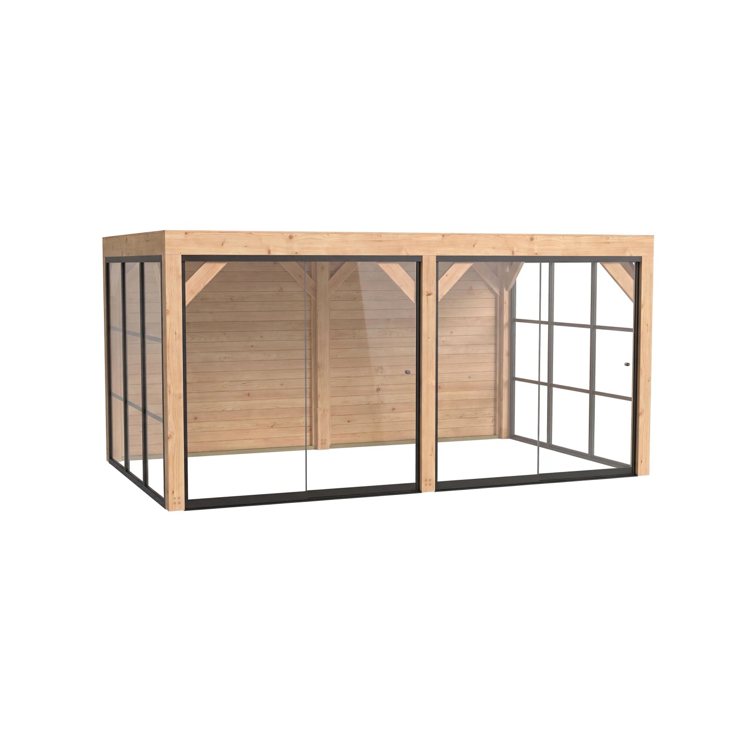 weka Gartenlaube Lumley aus Fichte mit Flachdach, Glasschiebetüren und Holzwänden. Moderne Terrassenüberdachung.
