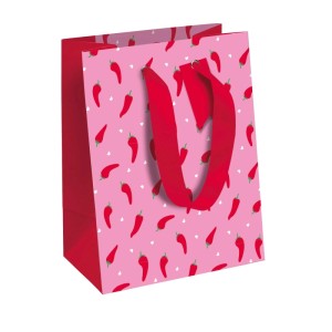 Rosa Geschenktasche M mit rotem Chili-Muster, kleinen Herzen und roten Griffen. Ideal für Geschenkverpackungen.
